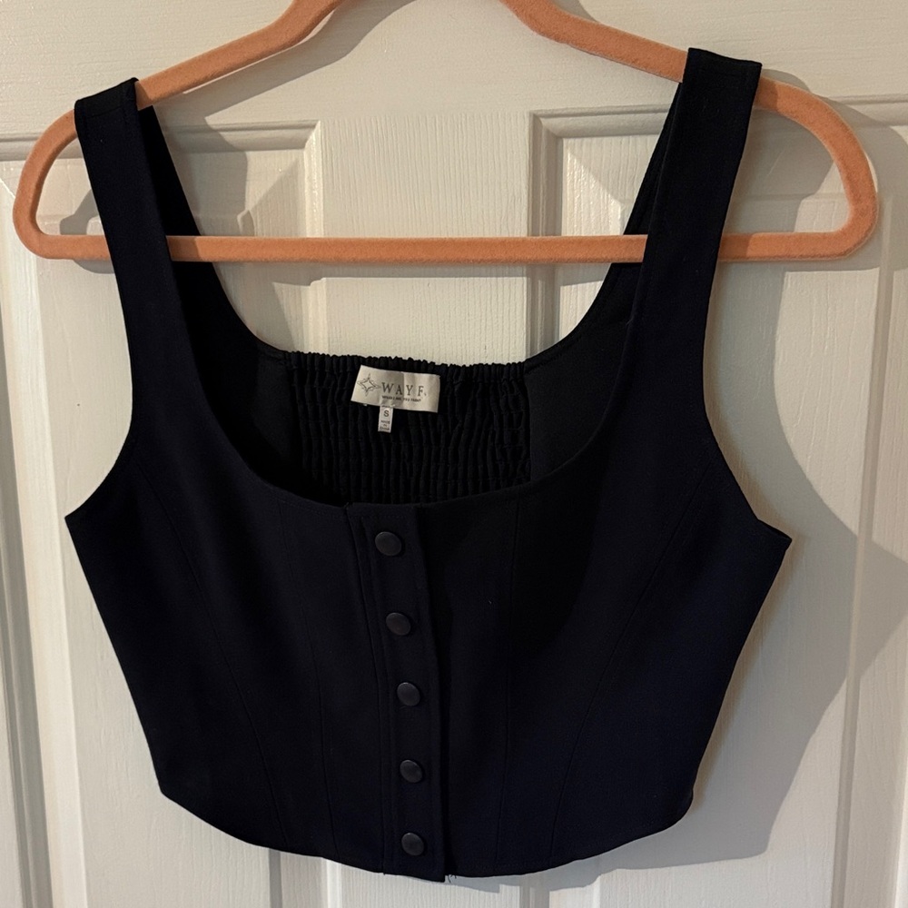 Wayf Dark Navy Blue Button-Front Corset Style Crop Top